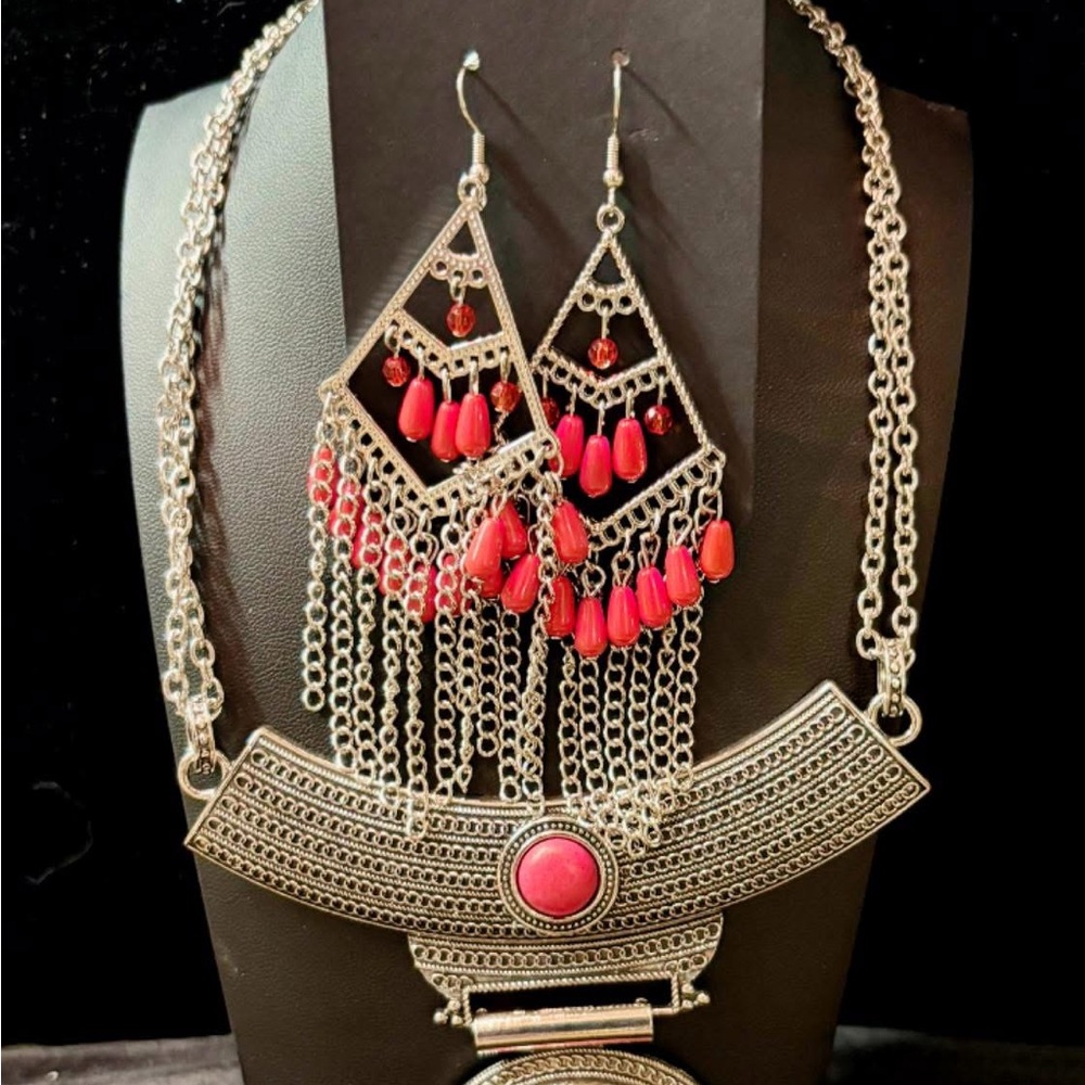 Silver and Red Dangle Earrings with Vibrant Beads